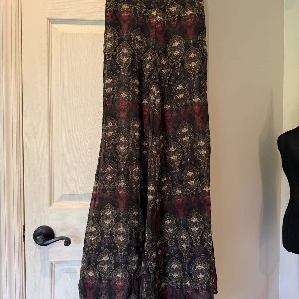 Wide Leg Women's Pants in Black with Red & Gold Pattern